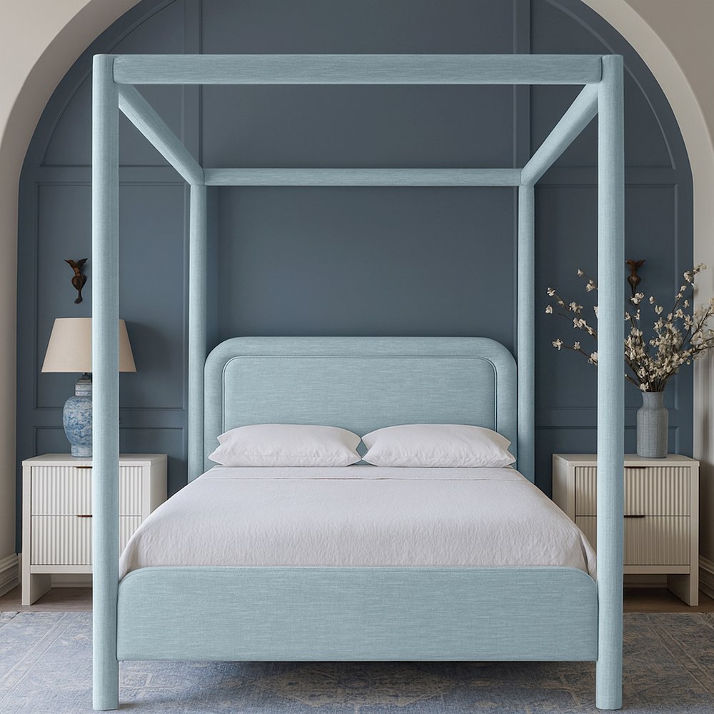 Salina Light Blue Linen Textured Fabric Upholstered King Bed. Picture 7