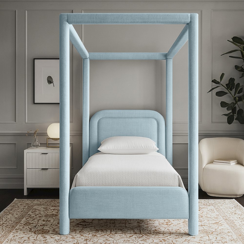 Salina Light Blue Linen Textured Fabric Upholstered Twin Bed. Picture 7