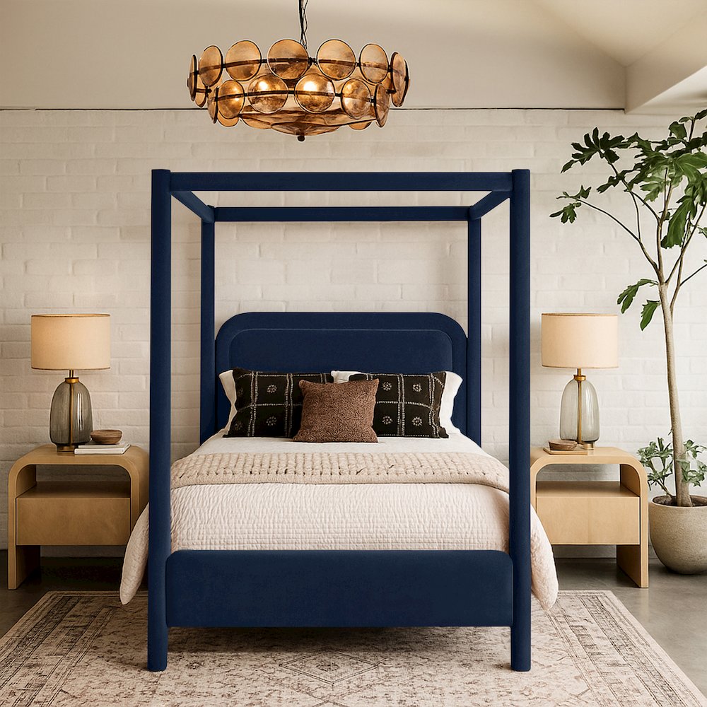 Salina Navy Velvet Upholstered Queen Bed. Picture 7