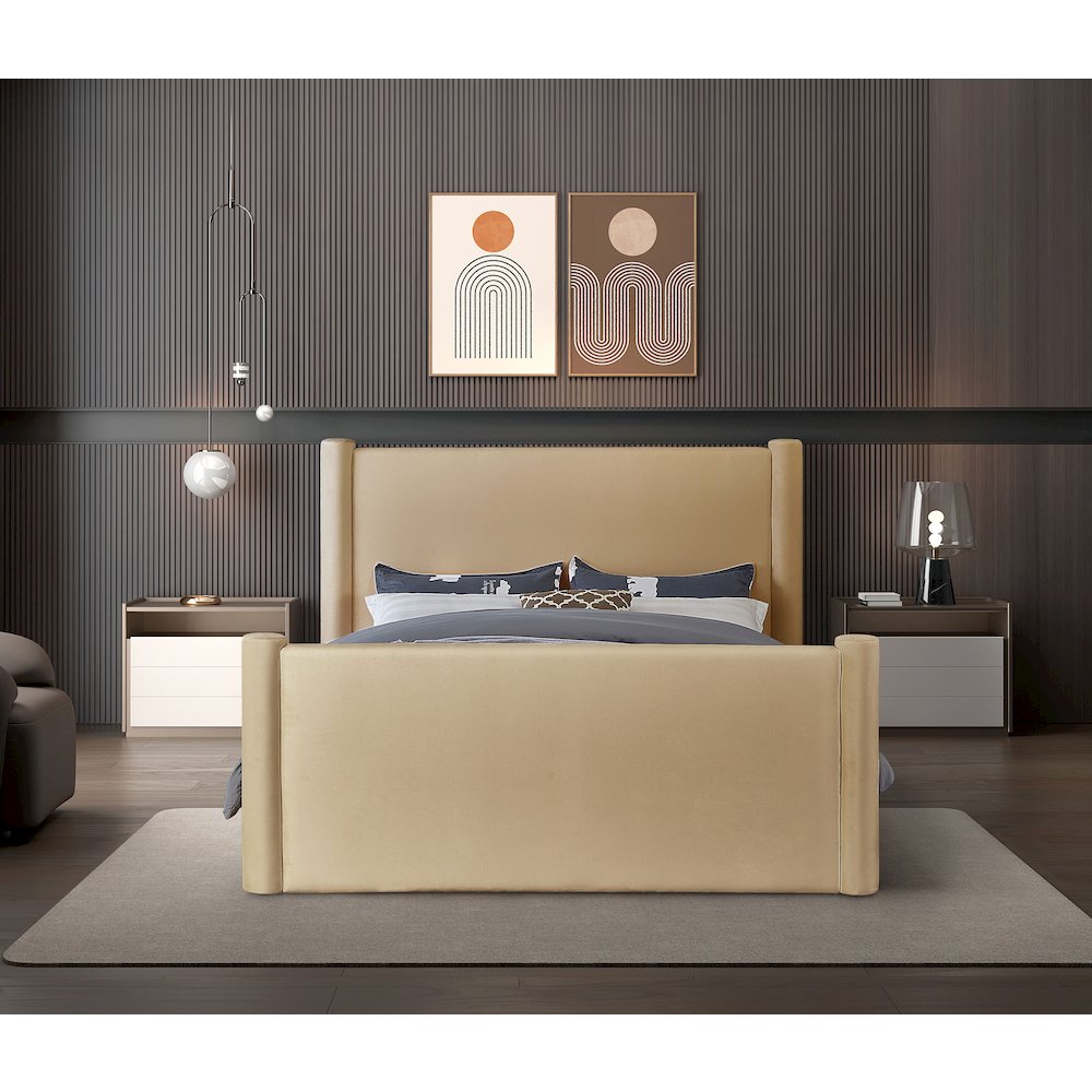 Elias Camel Velvet King Bed. Picture 3