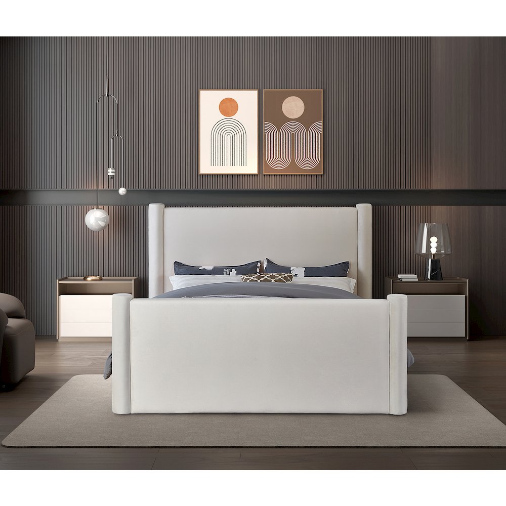 Elias Cream Velvet Queen Bed. Picture 3