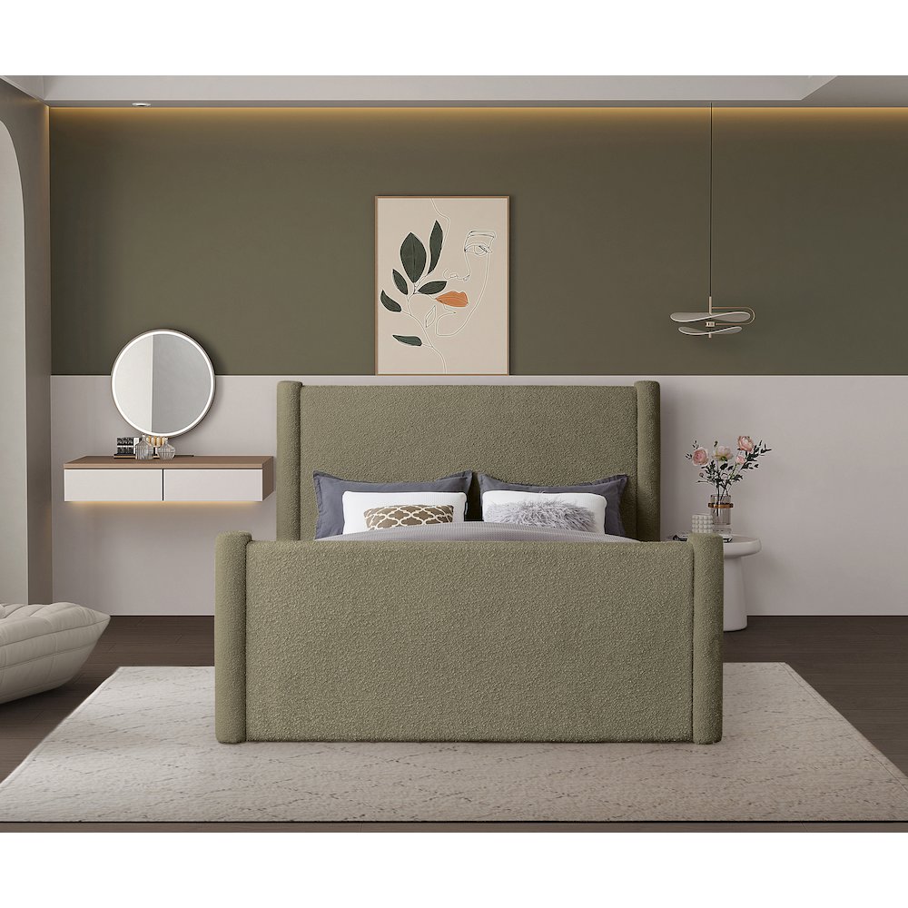 Elias Olive Green Boucle Fabric King Bed. Picture 3