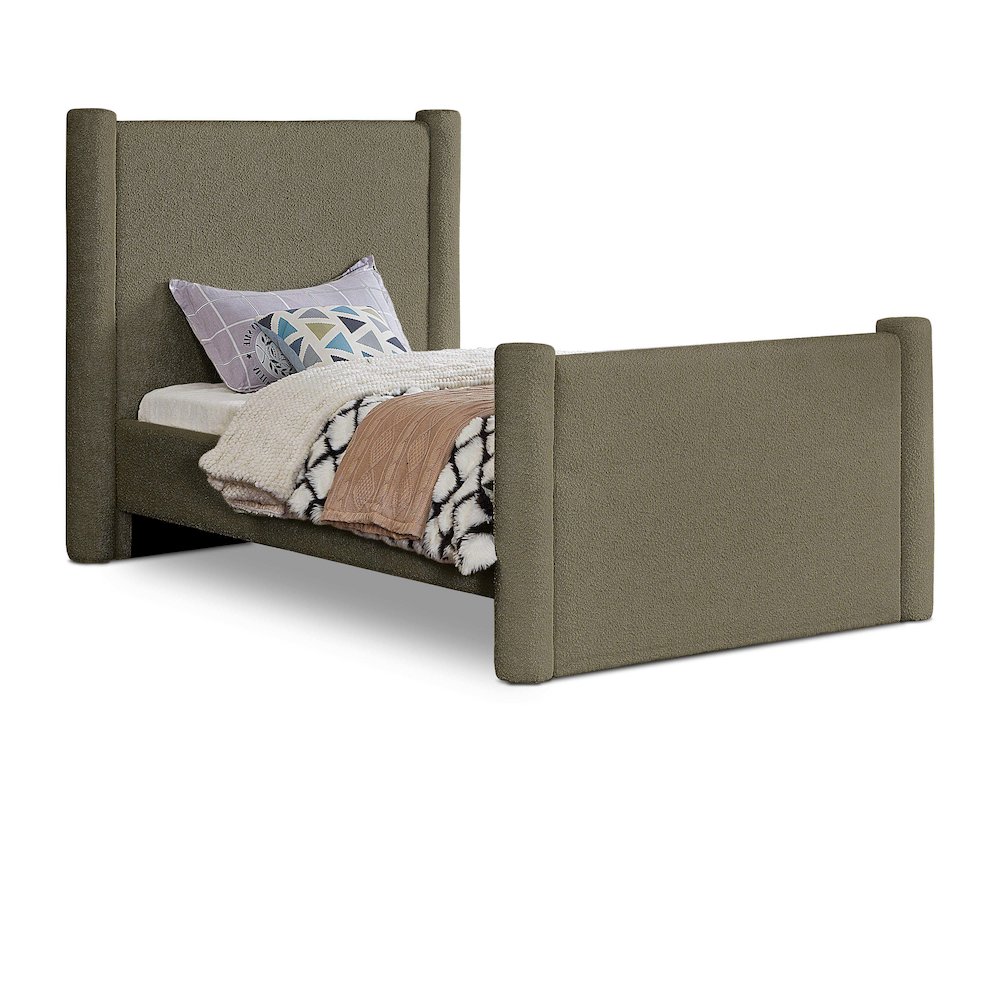 Elias Olive Green Boucle Fabric Twin Bed. Picture 1