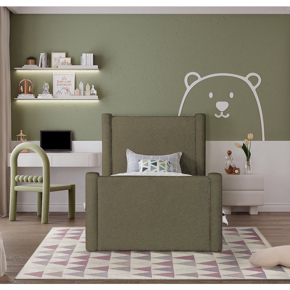 Elias Olive Green Boucle Fabric Twin Bed. Picture 3