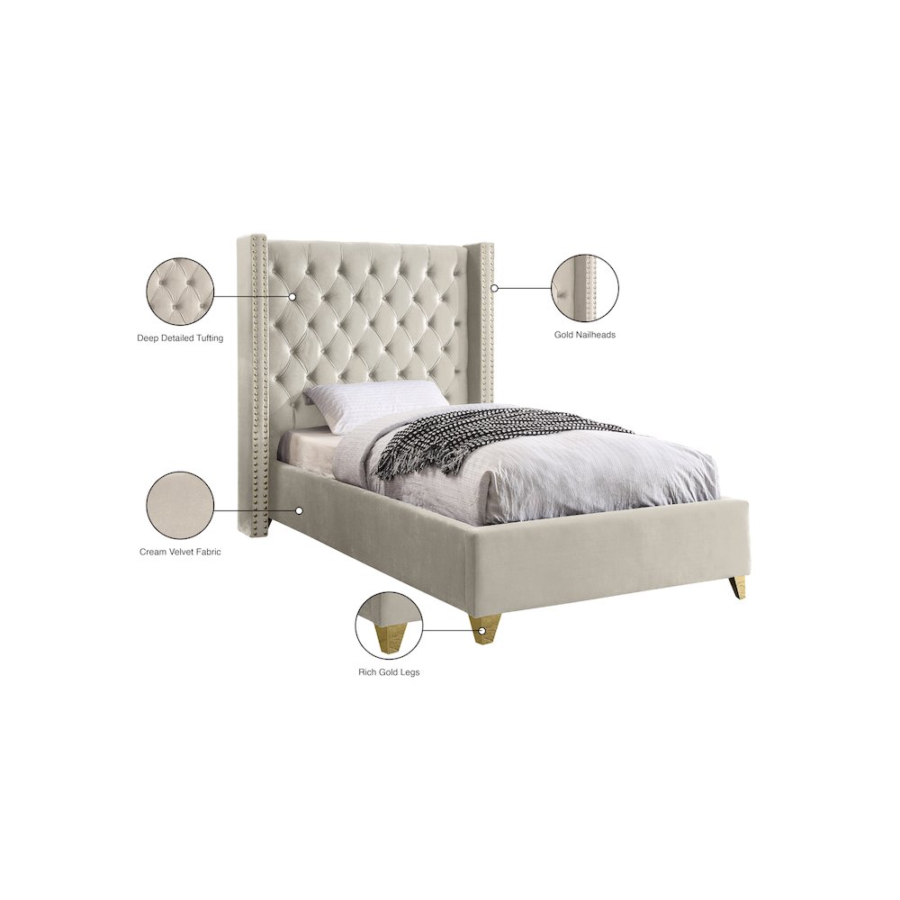 Barolo Cream Velvet Twin Bed. Picture 4
