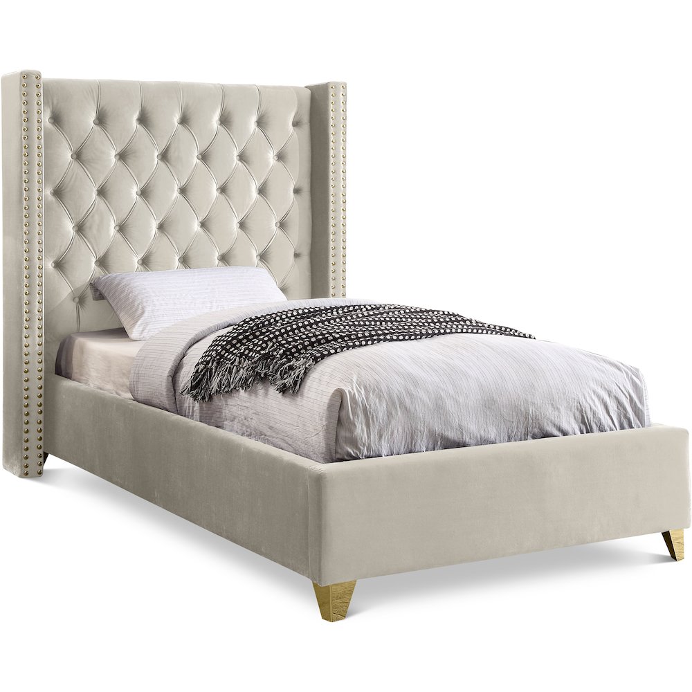 Barolo Cream Velvet Twin Bed. Picture 1