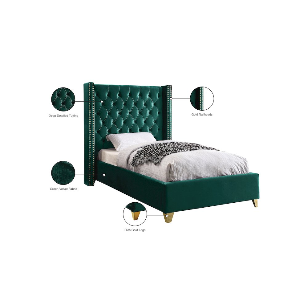 Barolo Green Velvet Twin Bed. Picture 4