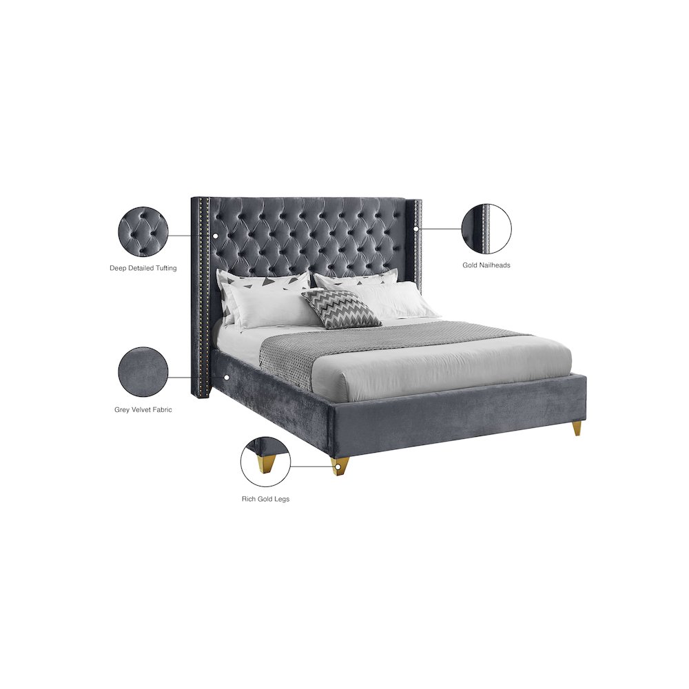 Barolo Grey Velvet Queen Bed. Picture 8