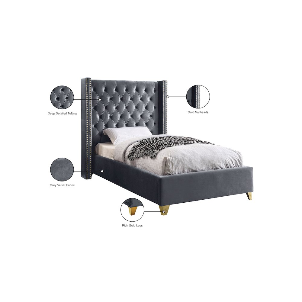 Barolo Grey Velvet Twin Bed. Picture 4
