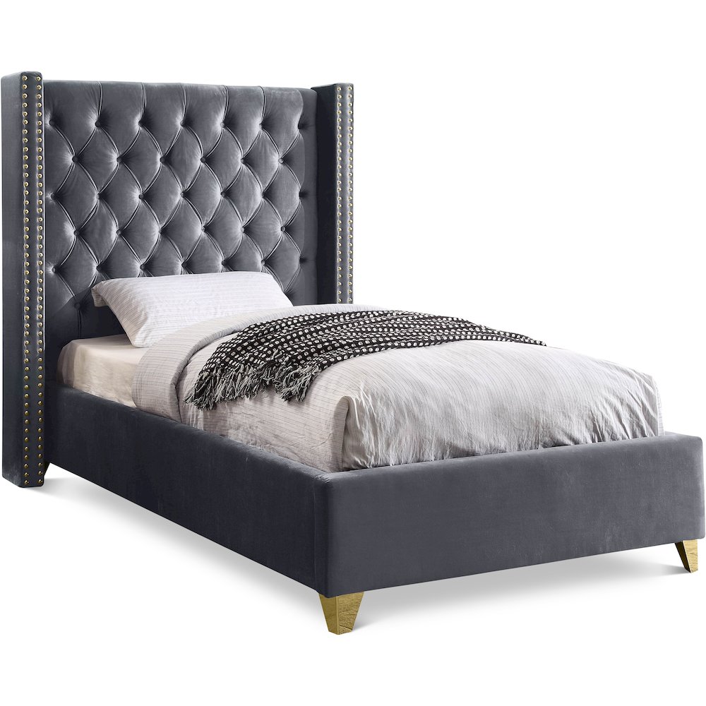 Barolo Grey Velvet Twin Bed. Picture 1