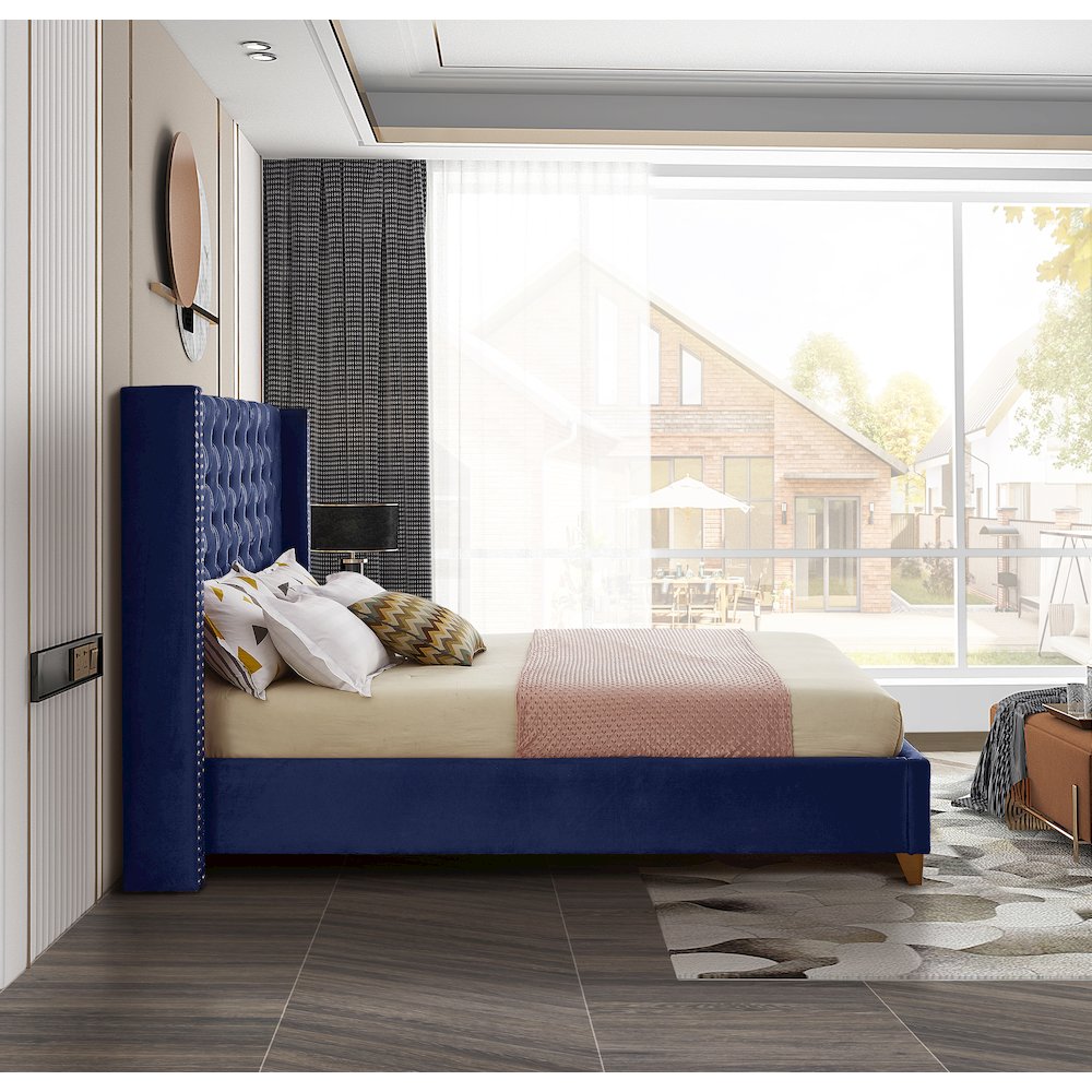 Barolo Navy Velvet Queen Bed. Picture 4