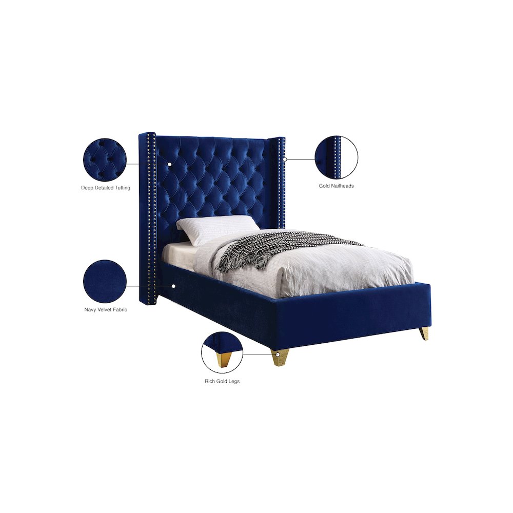 Barolo Navy Velvet Twin Bed. Picture 4