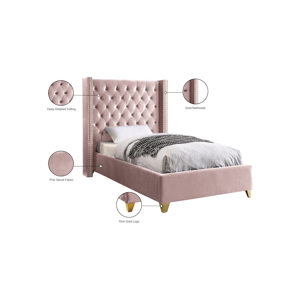 Barolo Pink Velvet Twin Bed. Picture 4