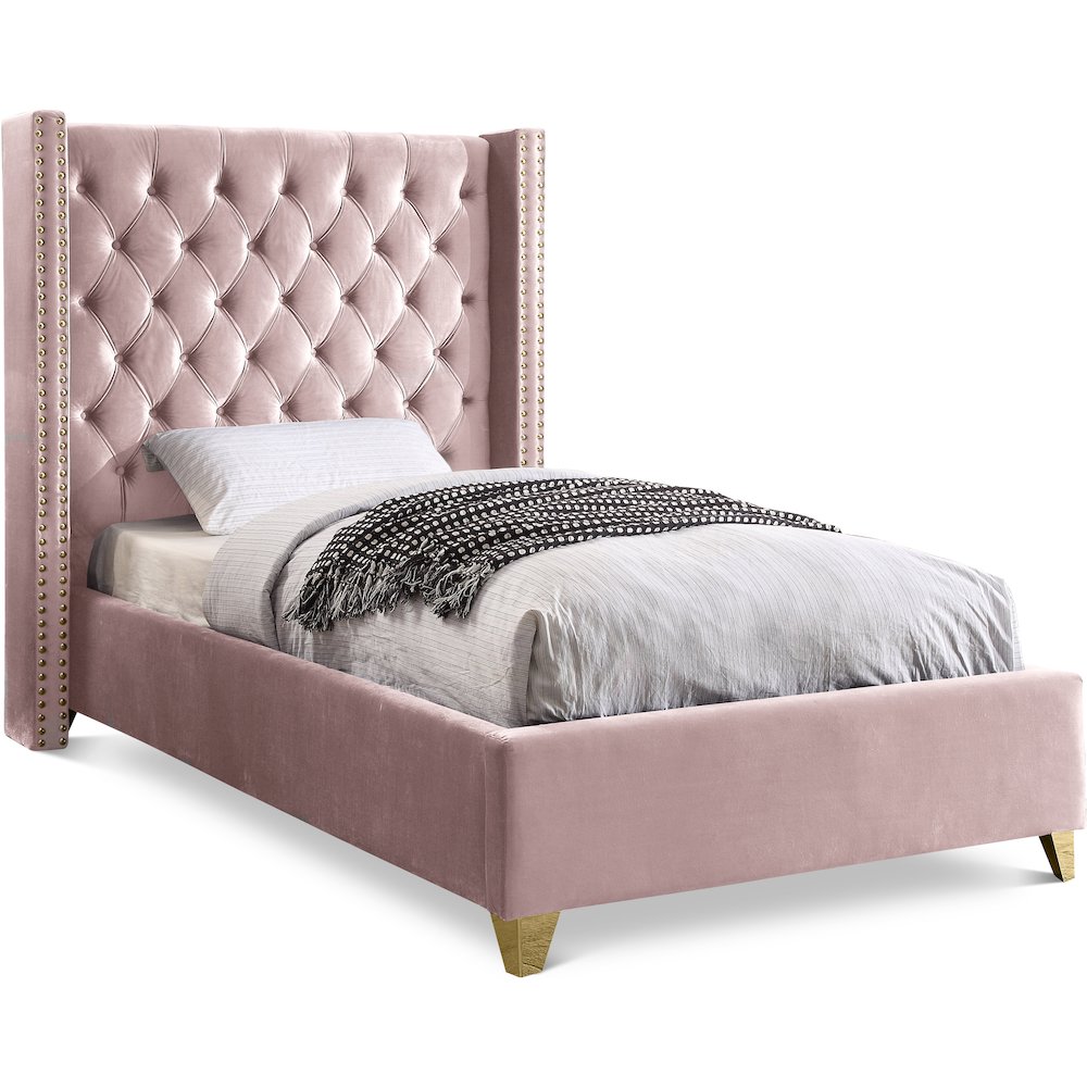 Barolo Pink Velvet Twin Bed. Picture 1
