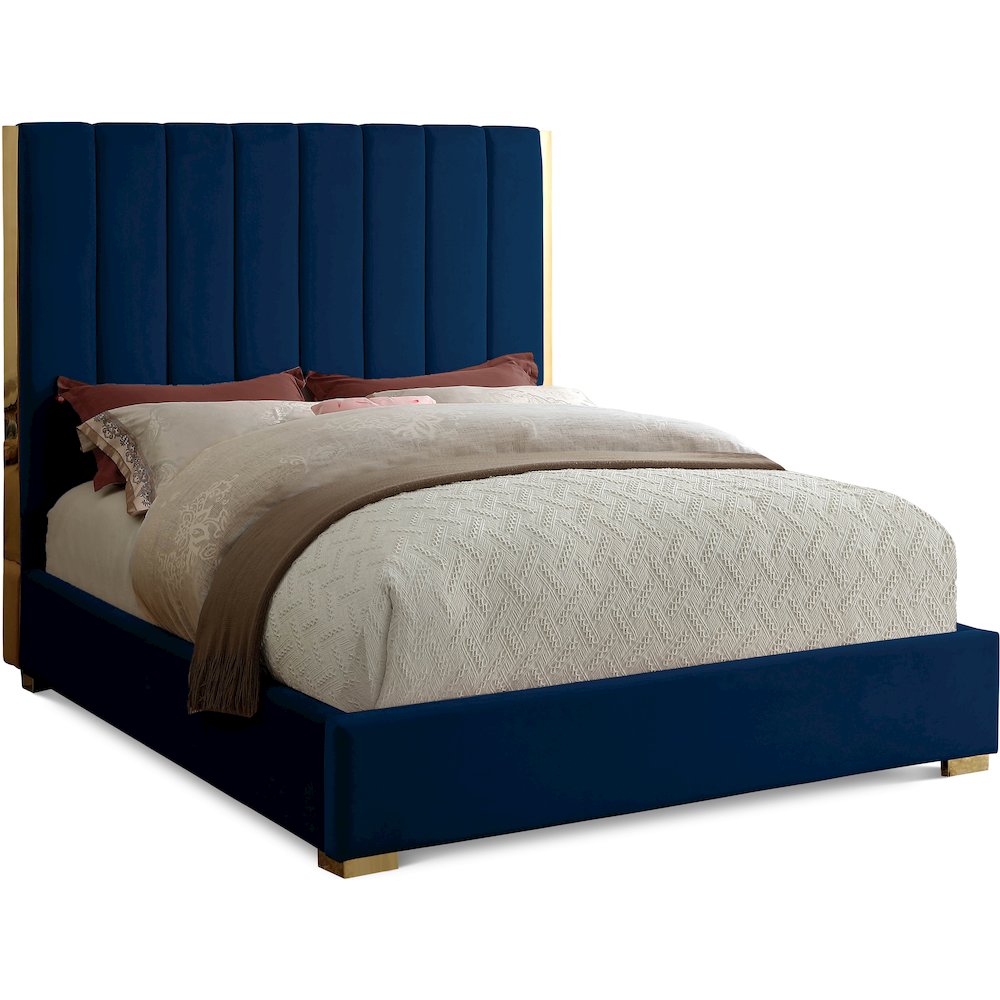 Becca Navy Velvet Full Bed. Picture 1