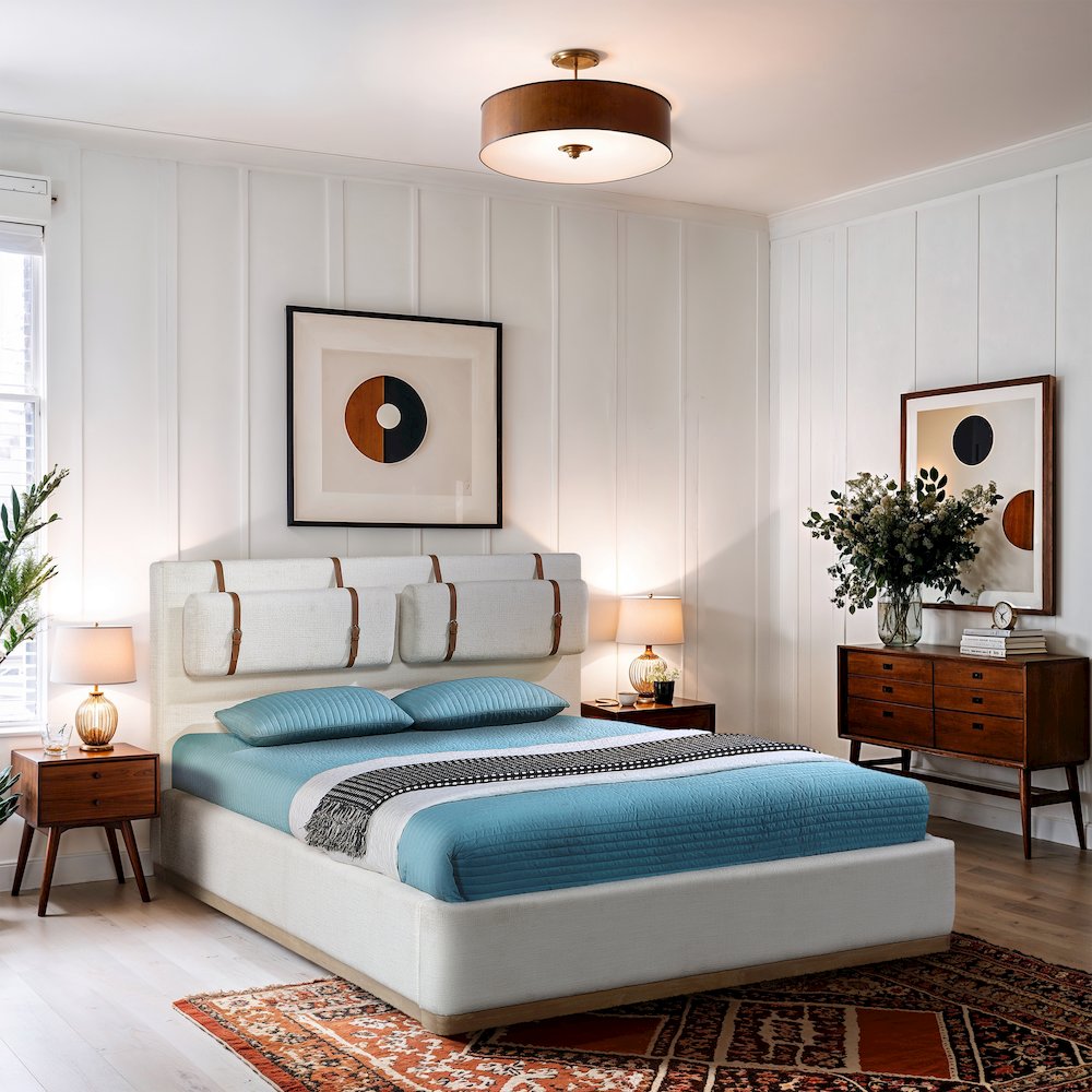 Bennet Cream Linen Textured Fabric Upholstered King Bed. Picture 2