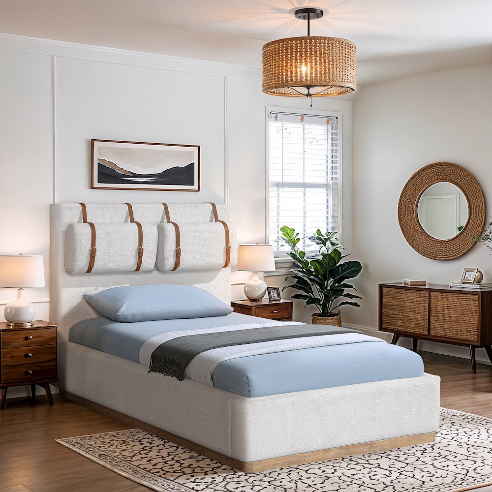 Bennet Cream Linen Textured Fabric Upholstered Twin Bed. Picture 2