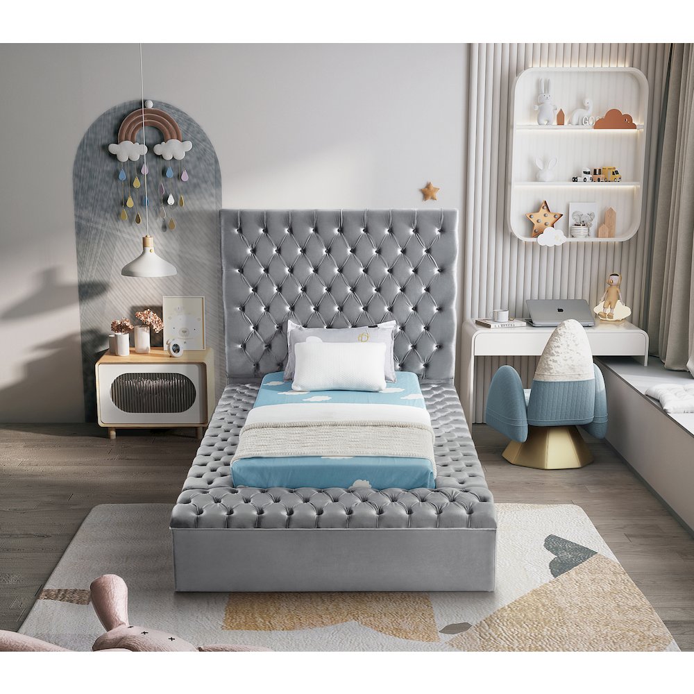 Bliss Grey Velvet Twin Bed. Picture 5