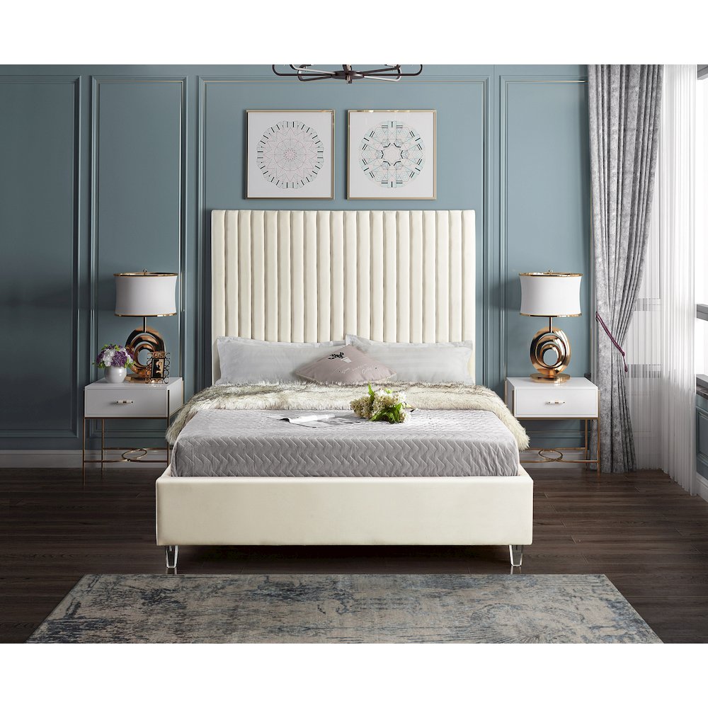 Candace Cream Velvet King Bed. Picture 3