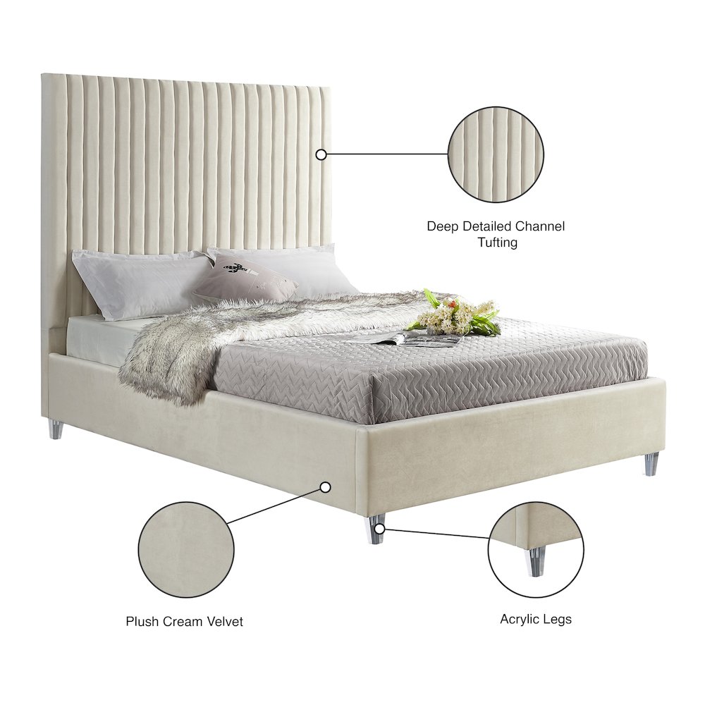 Candace Cream Velvet Queen Bed. Picture 8