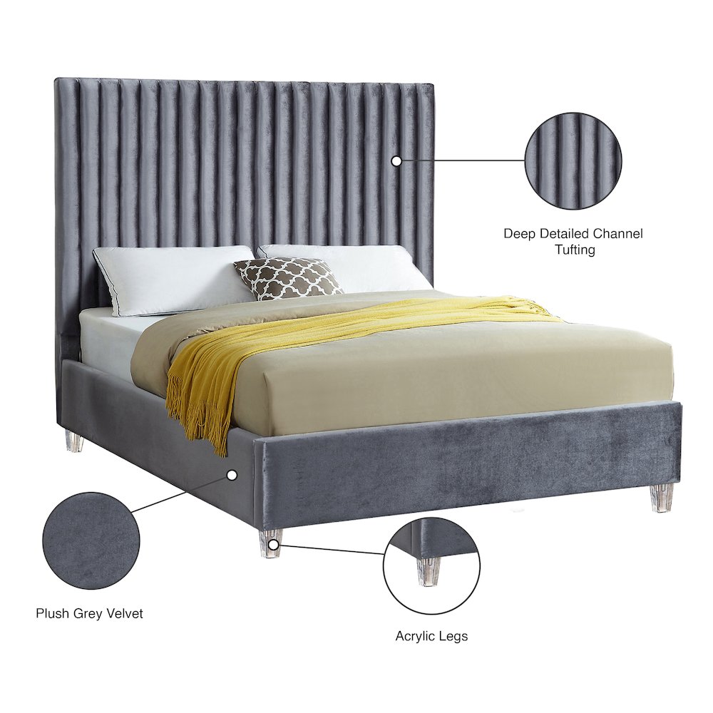 Candace Grey Velvet Queen Bed. Picture 4