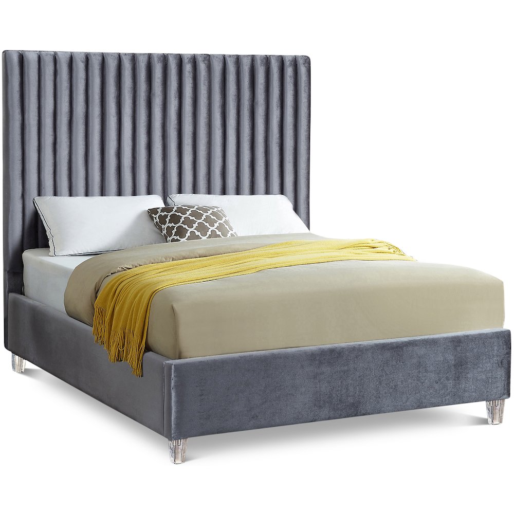 Candace Grey Velvet Queen Bed. Picture 1