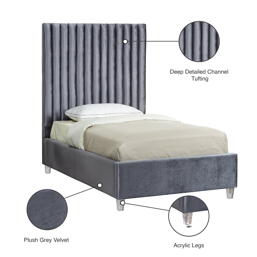 Candace Grey Velvet Twin Bed. Picture 4