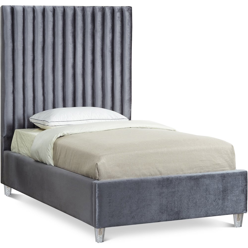Candace Grey Velvet Twin Bed. Picture 1