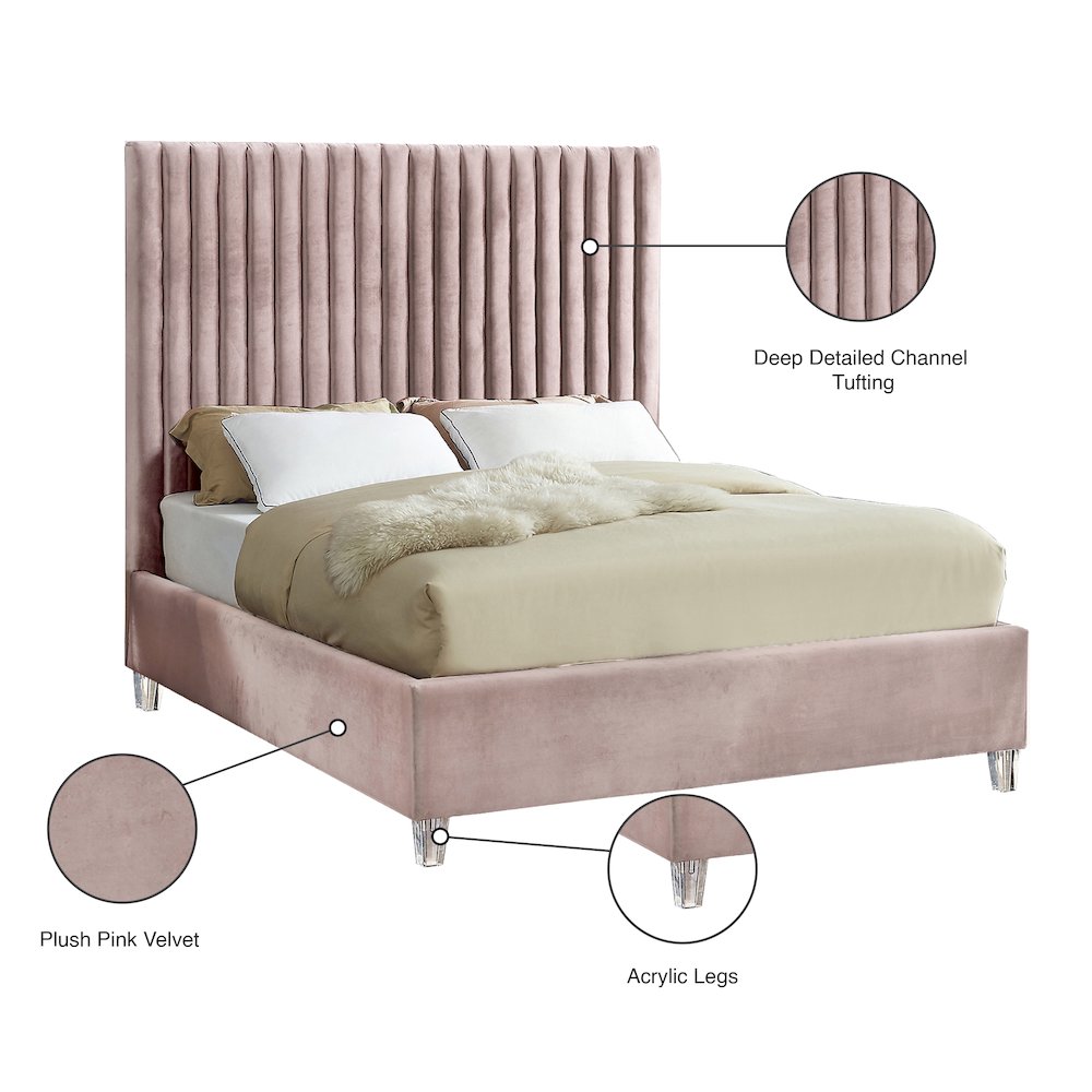 Candace Pink Velvet Queen Bed. Picture 4
