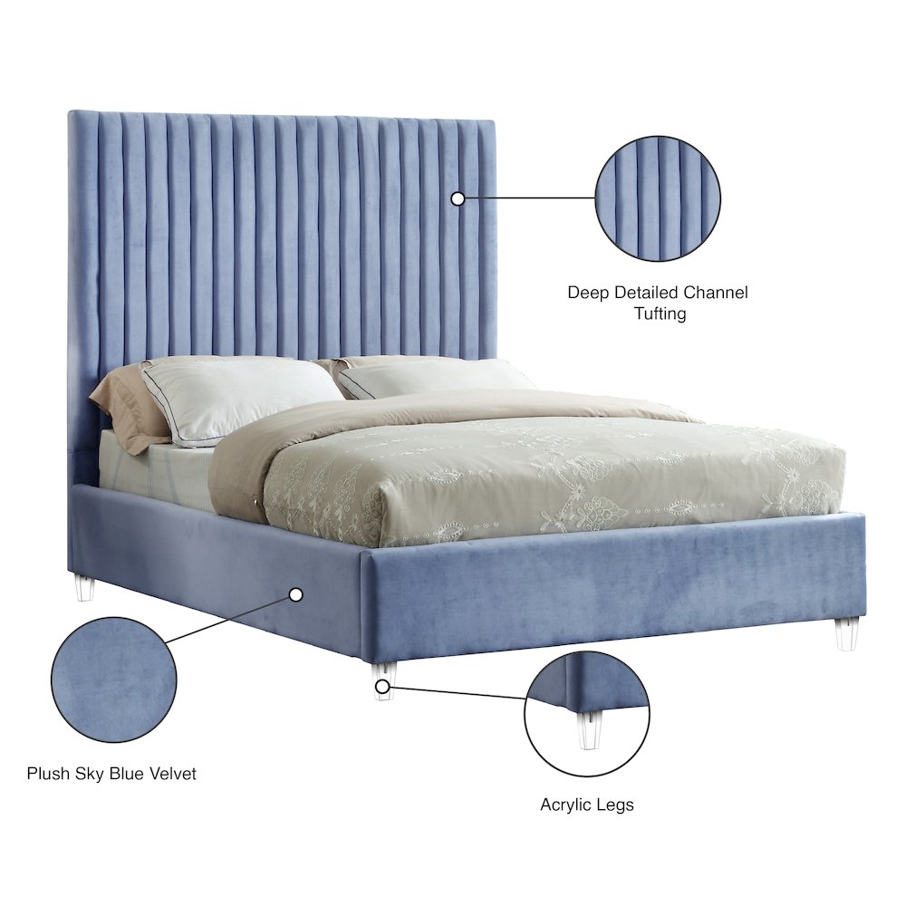 Candace Sky Blue Velvet Full Bed. Picture 6