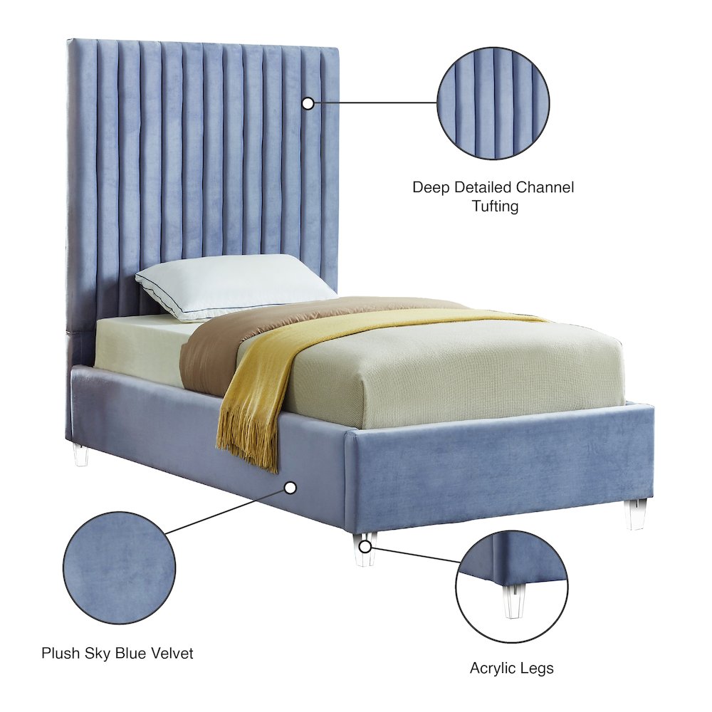 Candace Sky Blue Velvet Twin Bed. Picture 4