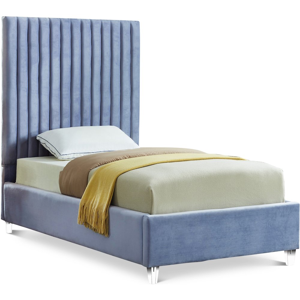 Candace Sky Blue Velvet Twin Bed. Picture 1