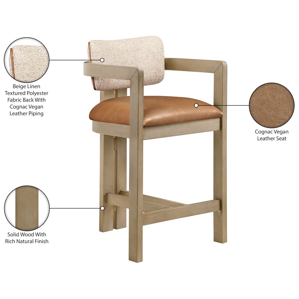 Ravina Cognac Vegan Leather and Linen Fabric Upholstered Counter Stool. Picture 11