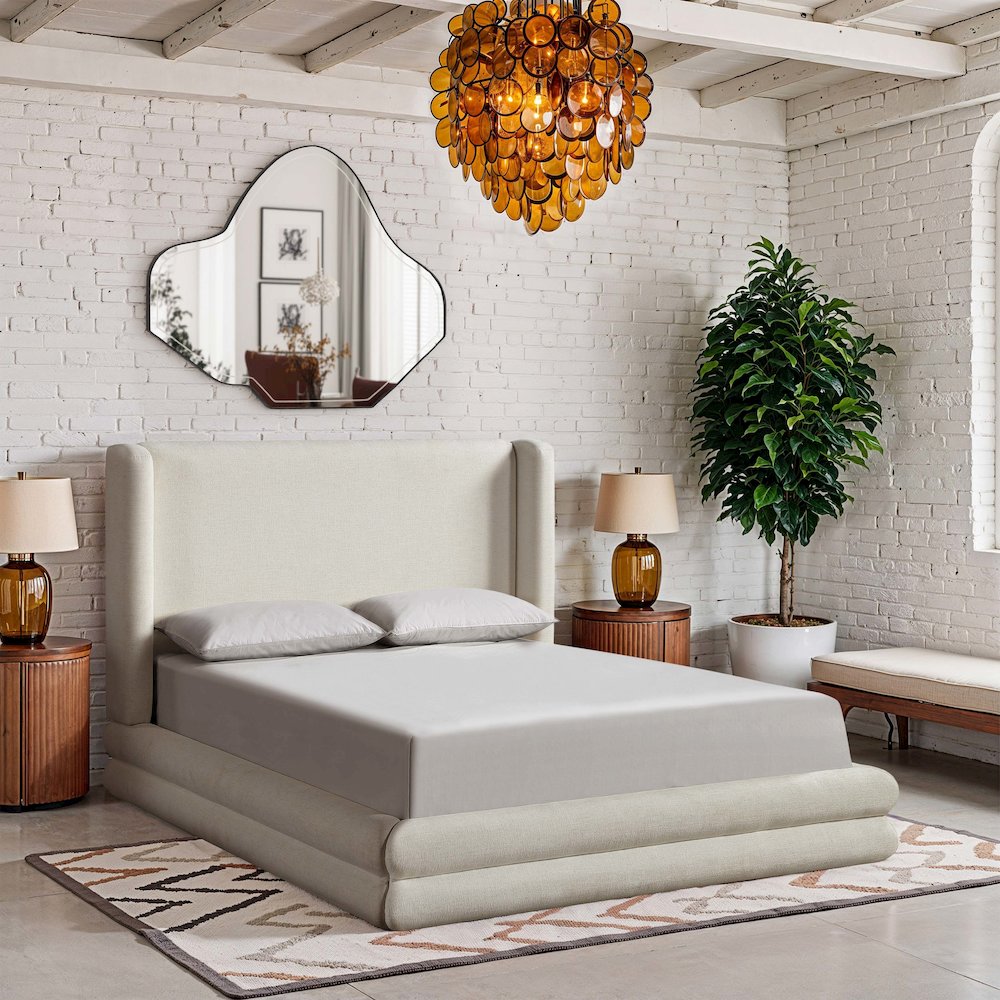Chandra Cream Linen Textured Fabric Upholstered King Bed. Picture 7