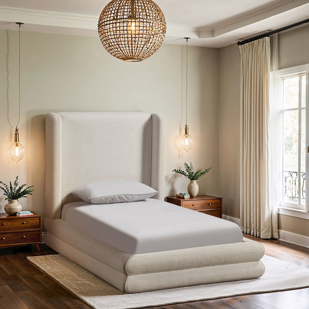 Chandra Cream Linen Textured Fabric Upholstered Twin Bed. Picture 7