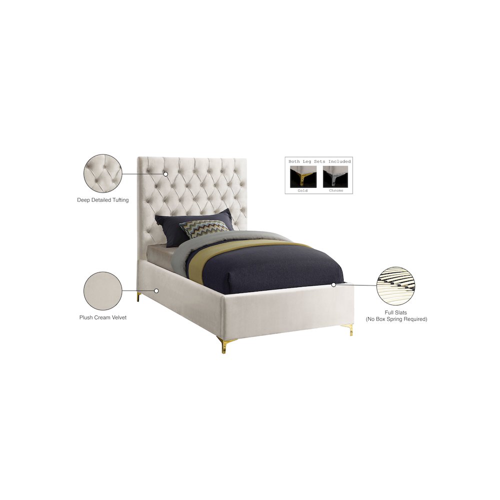 Cruz Cream Velvet Twin Bed. Picture 5