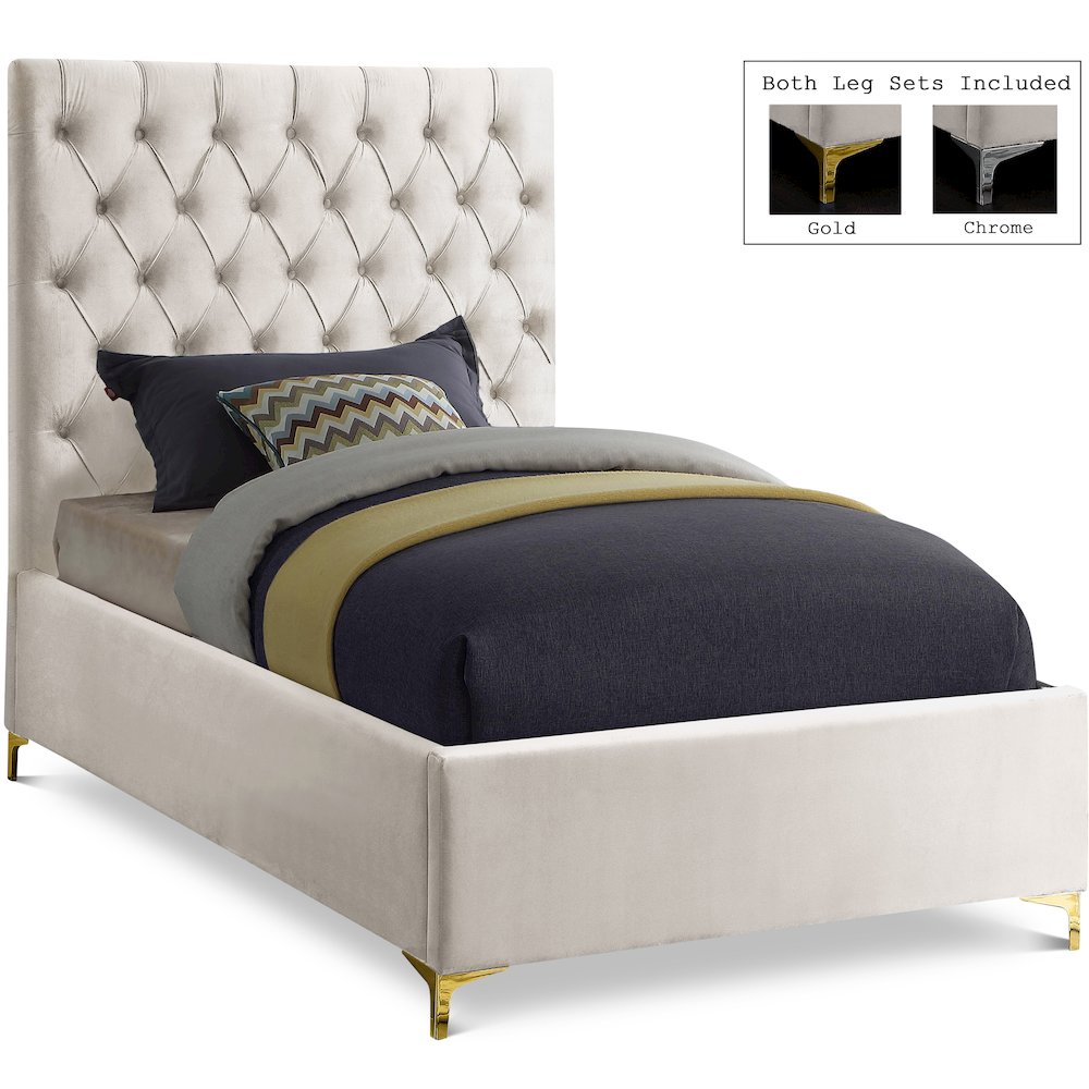 Cruz Cream Velvet Twin Bed. Picture 1