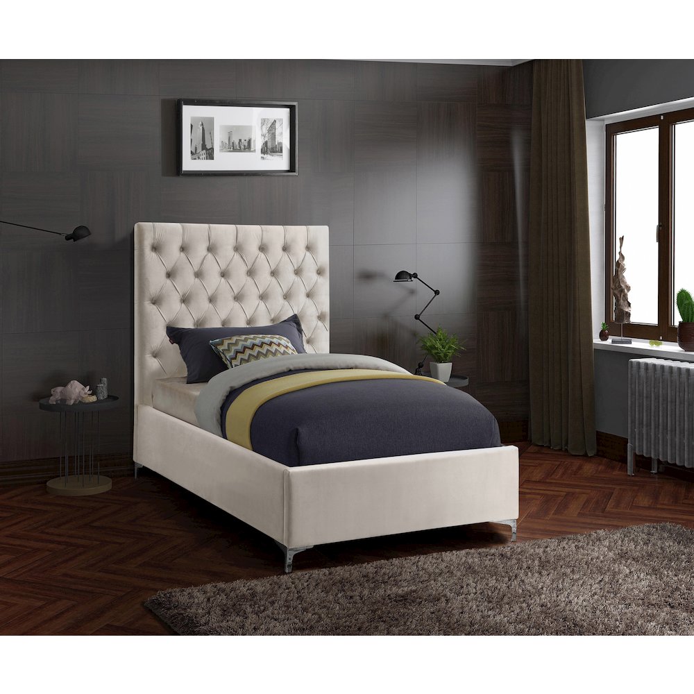 Cruz Cream Velvet Twin Bed. Picture 3