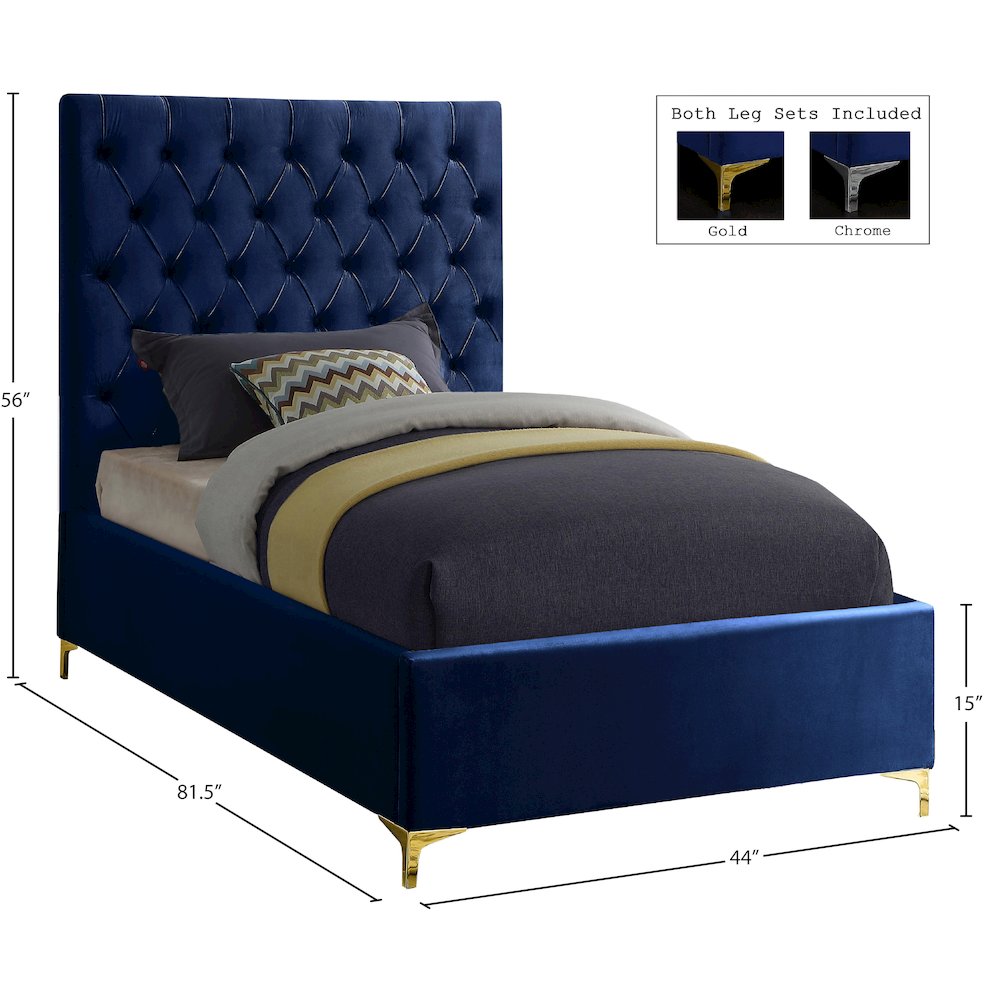 Cruz Navy Velvet Twin Bed. Picture 4