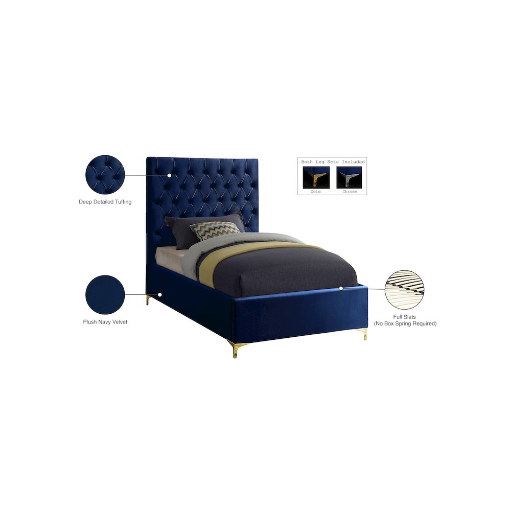 Cruz Navy Velvet Twin Bed. Picture 5