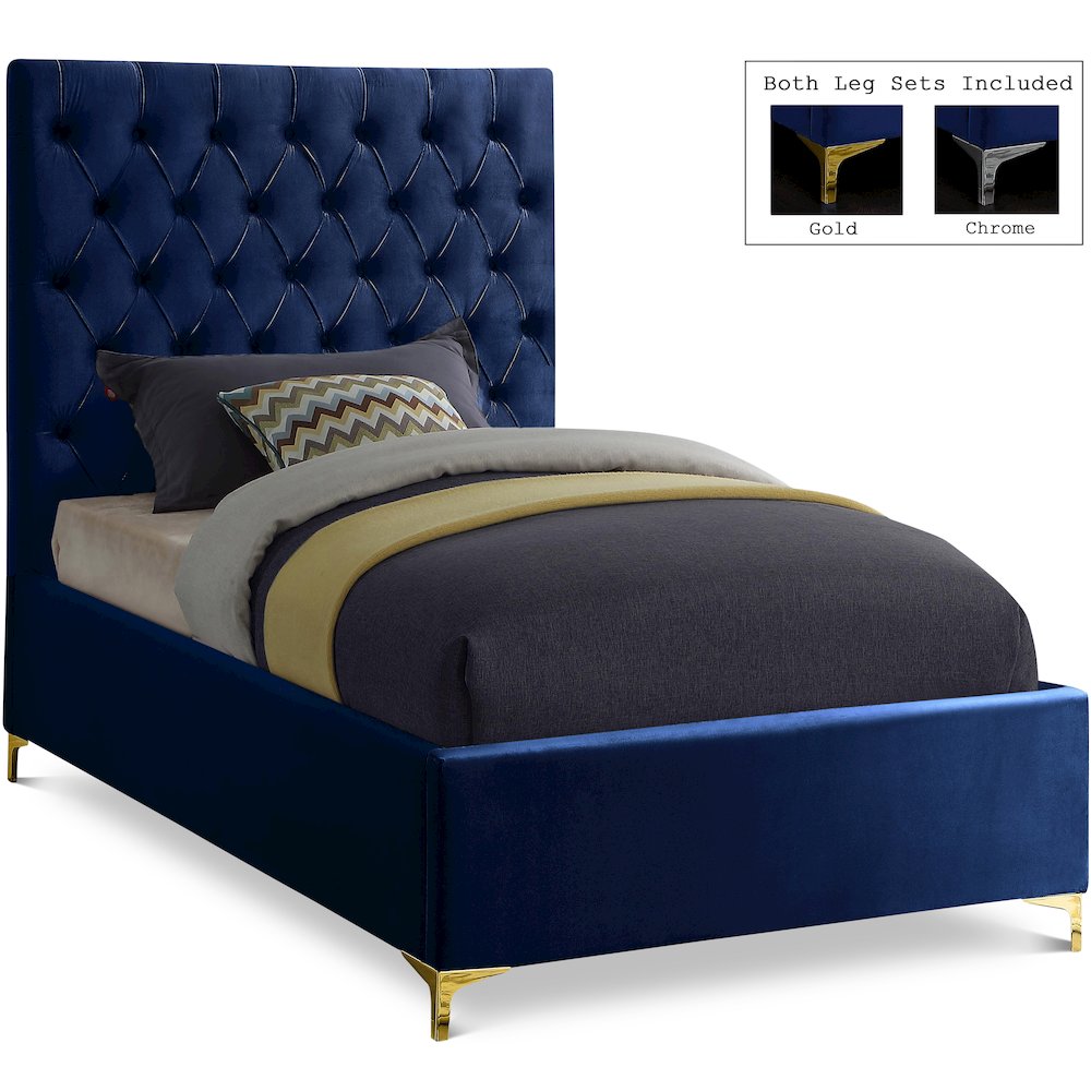 Cruz Navy Velvet Twin Bed. Picture 1