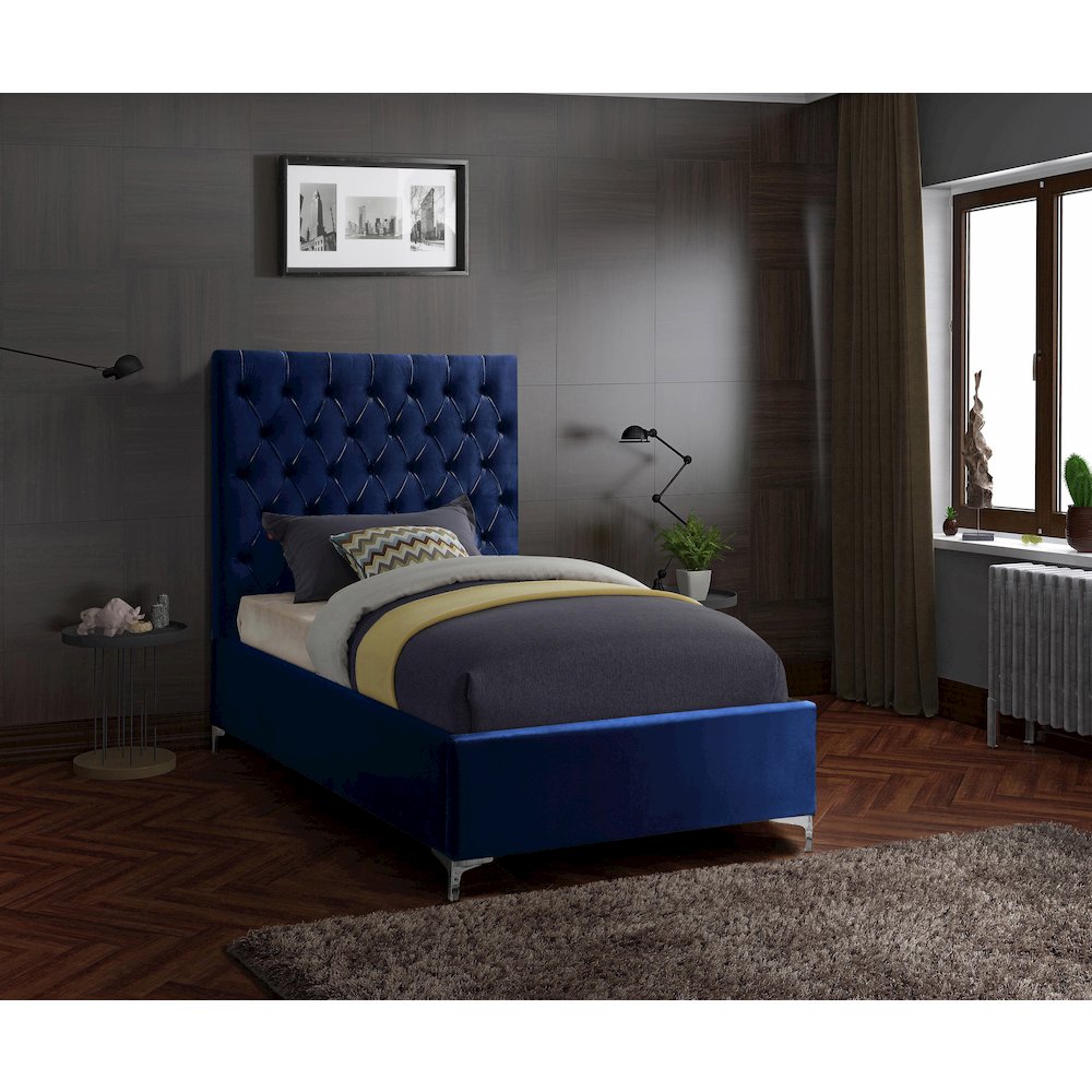Cruz Navy Velvet Twin Bed. Picture 3