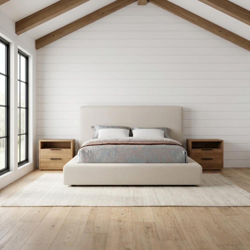 Linen Platform Bed Frame, with Storage, Beige Linen Textured Fabric, King. Picture 2