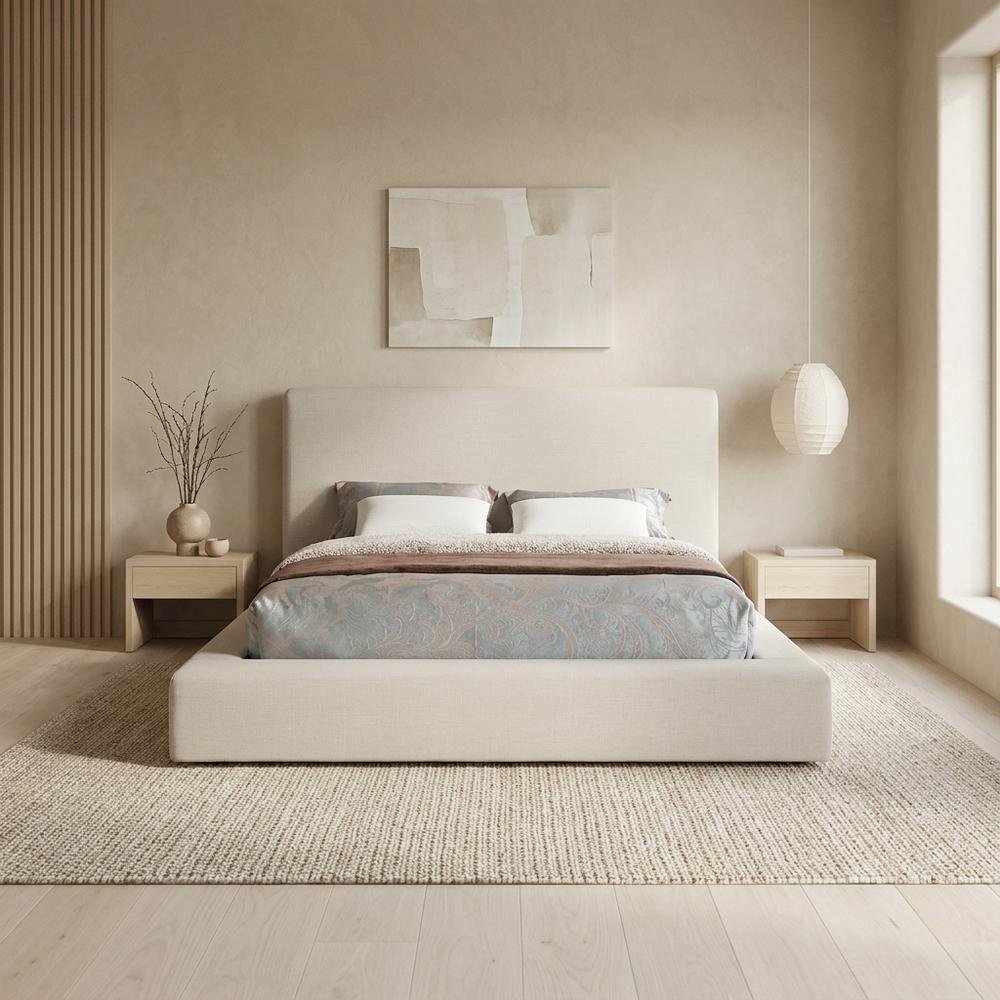 Linen Platform Bed Frame, with Storage, Beige Linen Textured Fabric, King. Picture 3