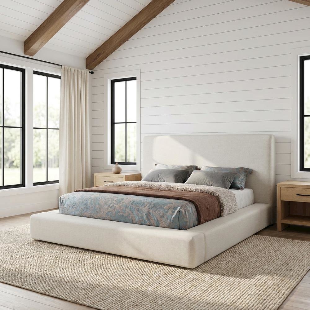 Linen Platform Bed Frame, with Storage, Cream Linen Textured Fabric, King. Picture 2