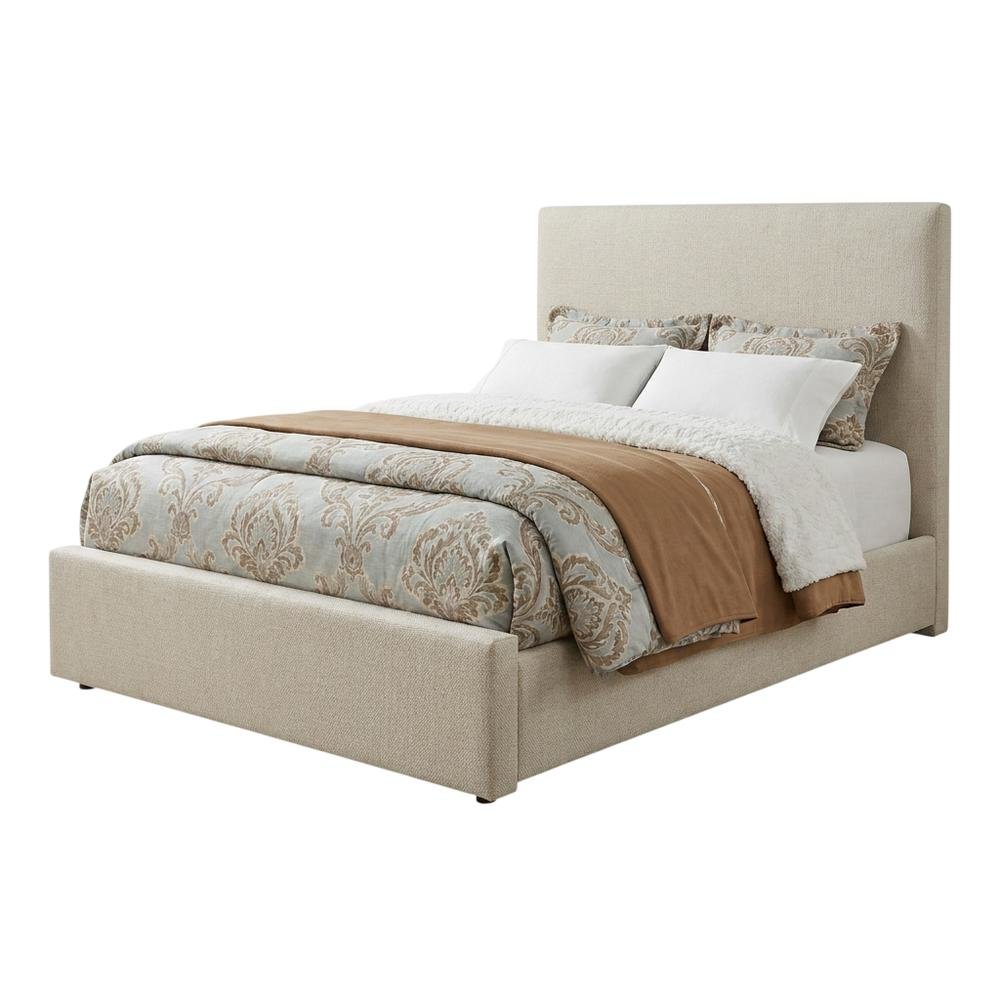 Linen Platform Bed Frame, with Storage, Cream Linen Textured Fabric, King. Picture 4