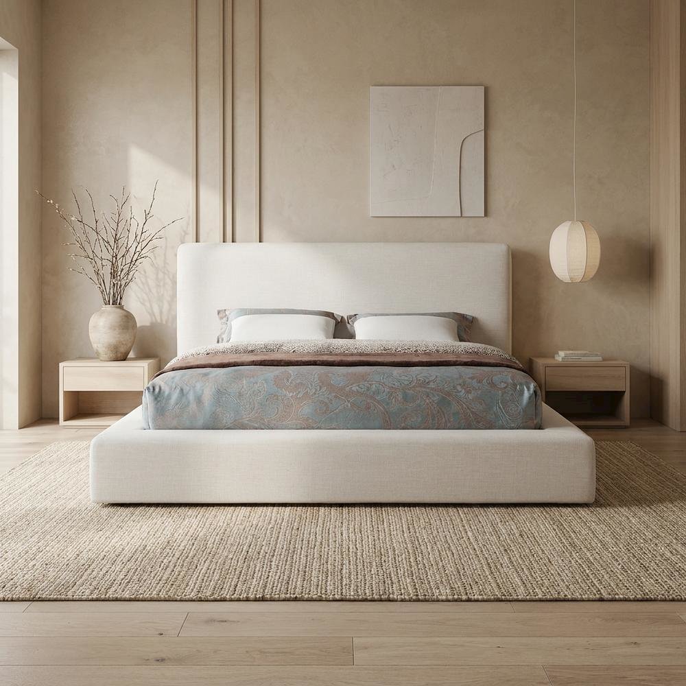 Linen Platform Bed Frame, with Storage, Cream Linen Textured Fabric, King. Picture 3