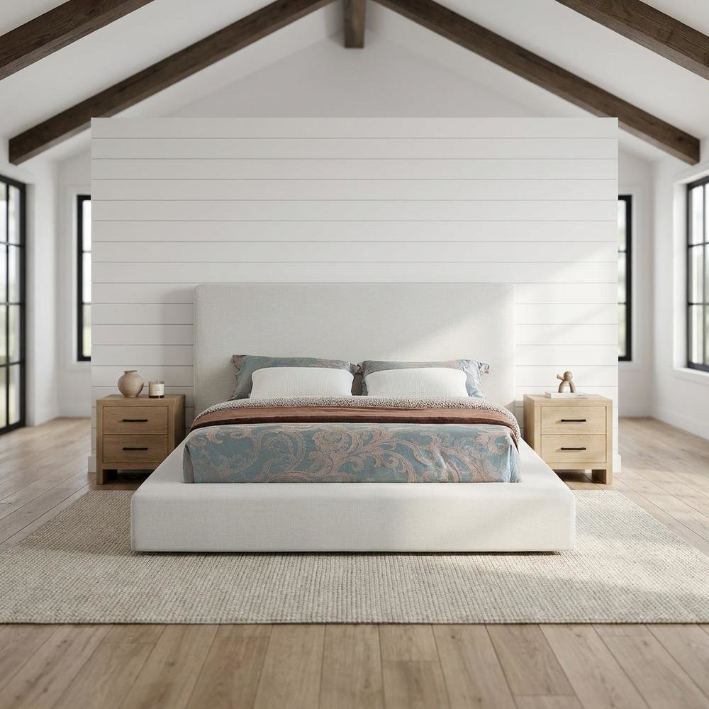 Linen Platform Bed Frame, with Storage, Cream Linen Textured Fabric, Queen. Picture 2