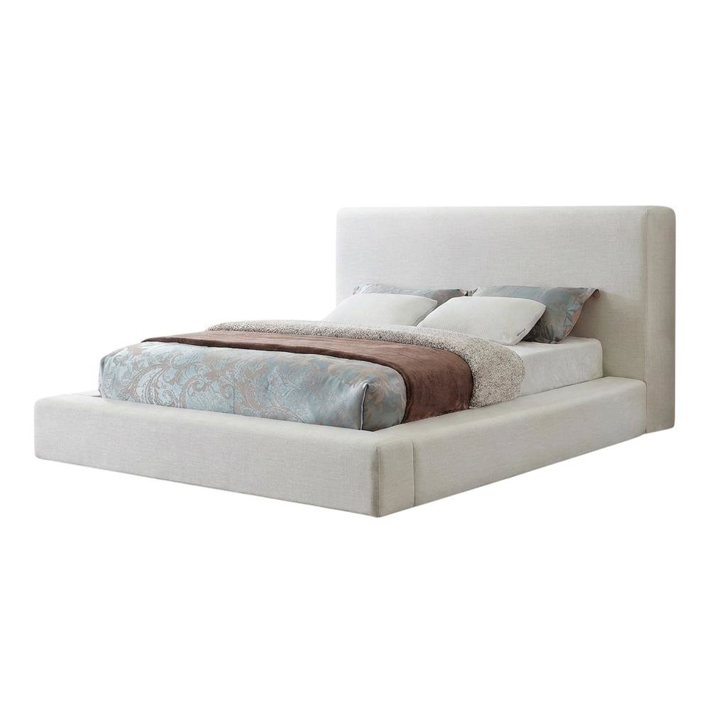 Linen Platform Bed Frame, with Storage, Cream Linen Textured Fabric, Queen. Picture 4