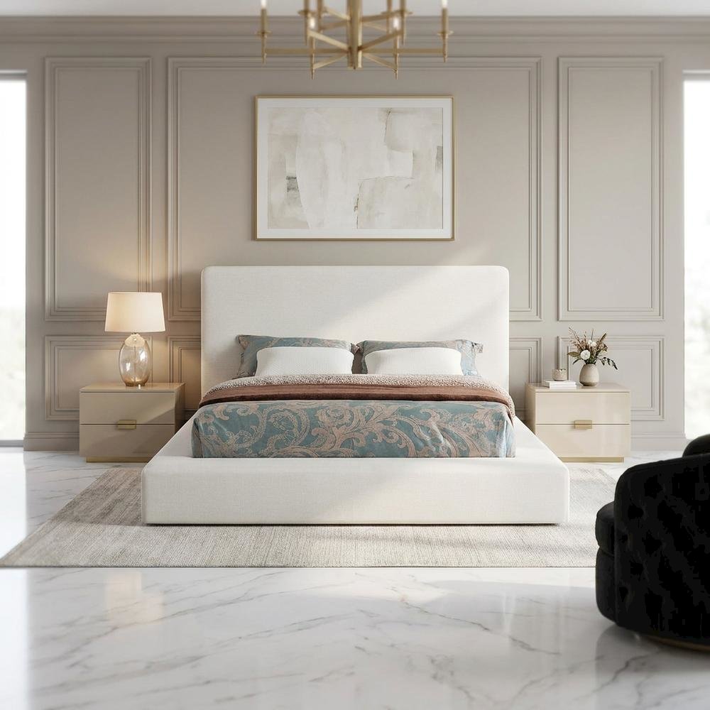 Linen Platform Bed Frame, with Storage, Cream Linen Textured Fabric, Queen. Picture 3